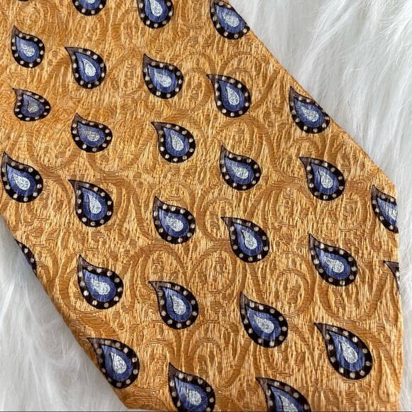 IKE Behar | Gold & Blue Paisley Print 100% Silk Tie USA Tailored Professional - Picture 2 of 6
